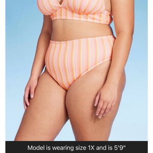 Women's Wild fable Plus Size High Waist Bikini Bottom - Pink/Orange striped 1X